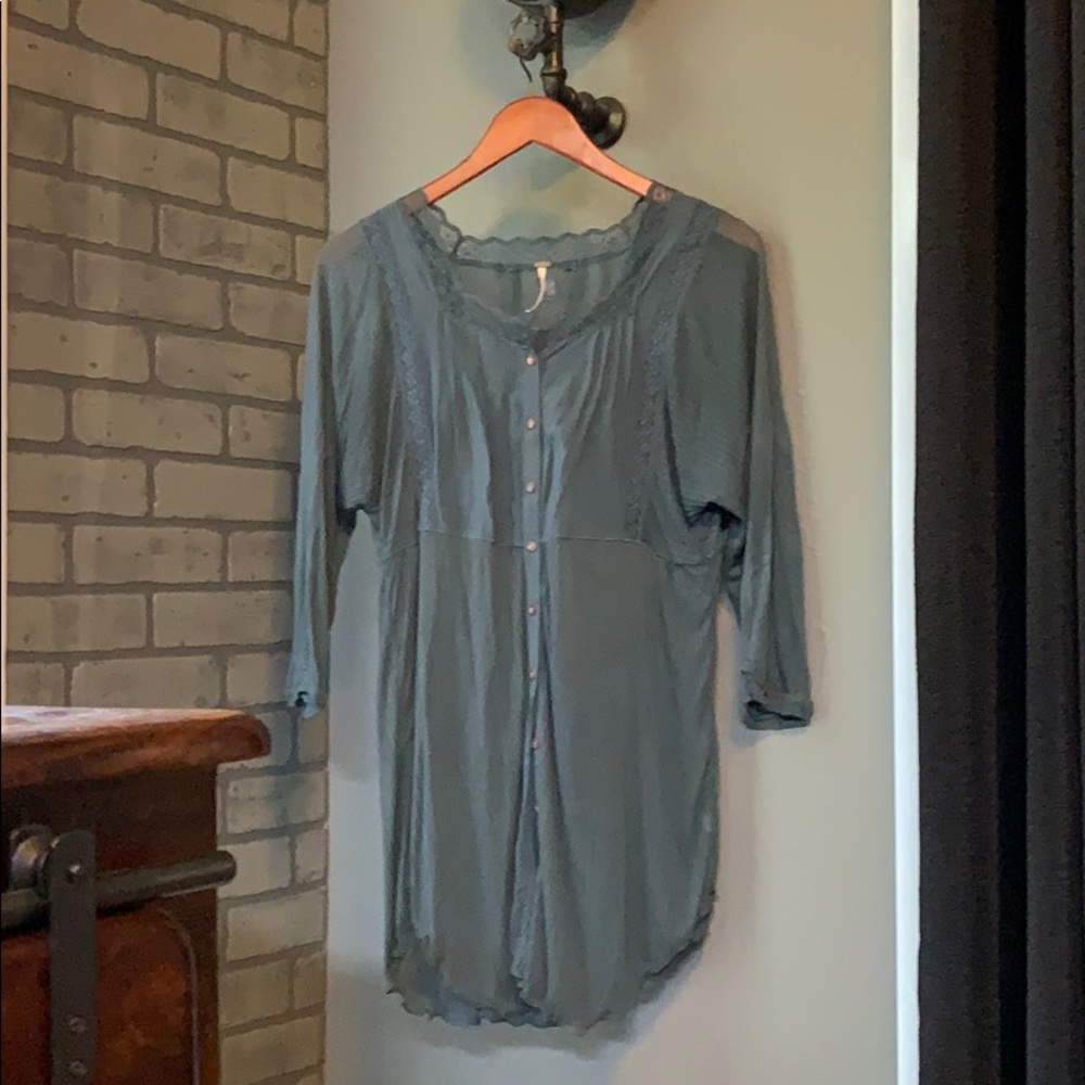 Free People Teal Sheer Ribbed Peasant Blouse